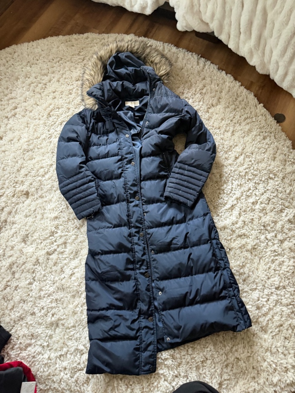Long Michael Kors Navy Long Quilted Puffer Coat with Faux Fur Hood quilted puffe